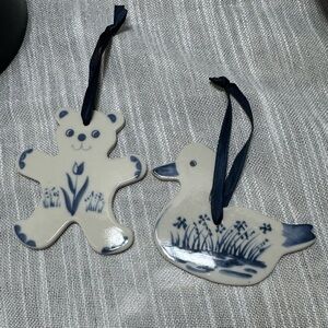 Russ Berrie Christmas Ornaments Blue & White bear and duck floral design ceramic